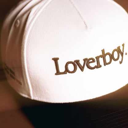 Loverboy 5 Panel Cotton Structured Snap Back Hat (White/Black)