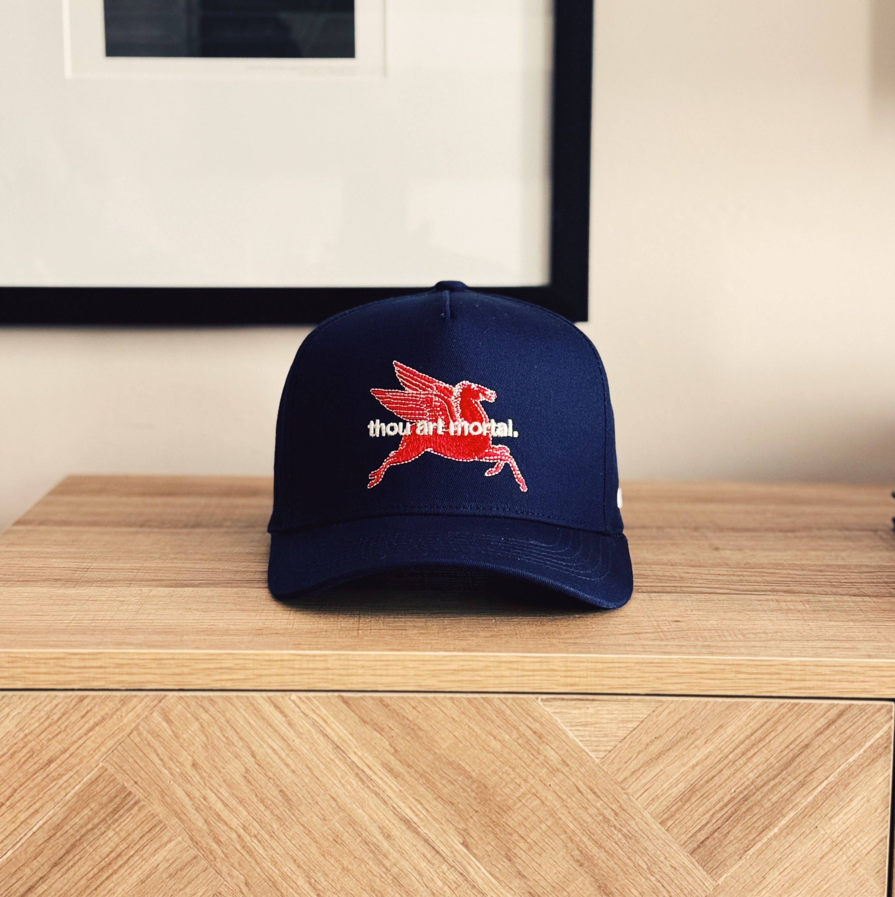 Thou Art Mortal 5 Panel Cotton Structured Snap Back Hat (Navy)