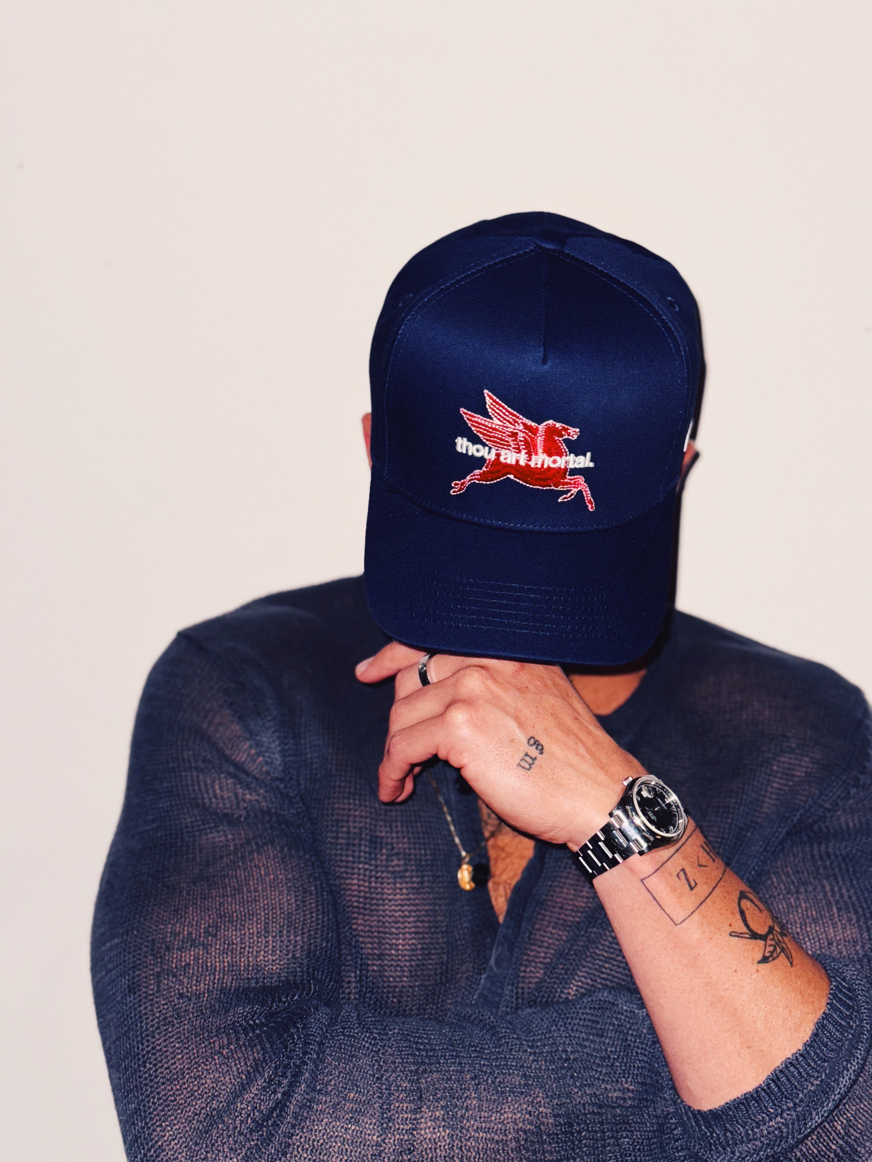 Thou Art Mortal 5 Panel Cotton Structured Snap Back Hat (Navy)