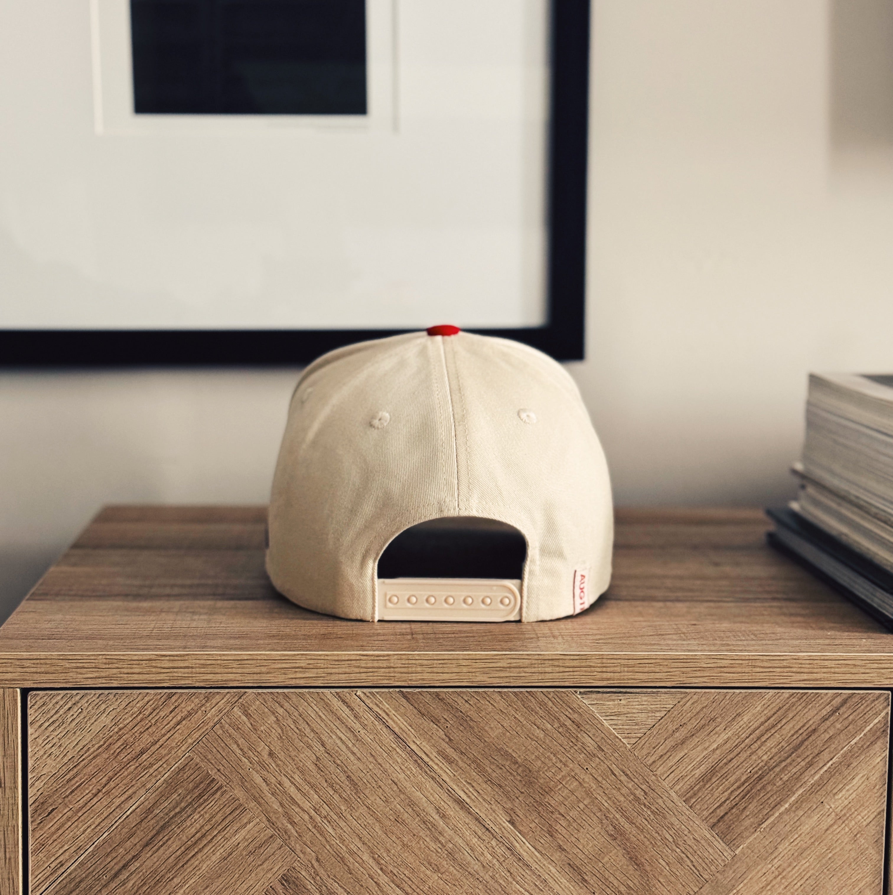 Art 5 Panel Cotton Structured Trucker Snap Back Hat (Creme/Red)