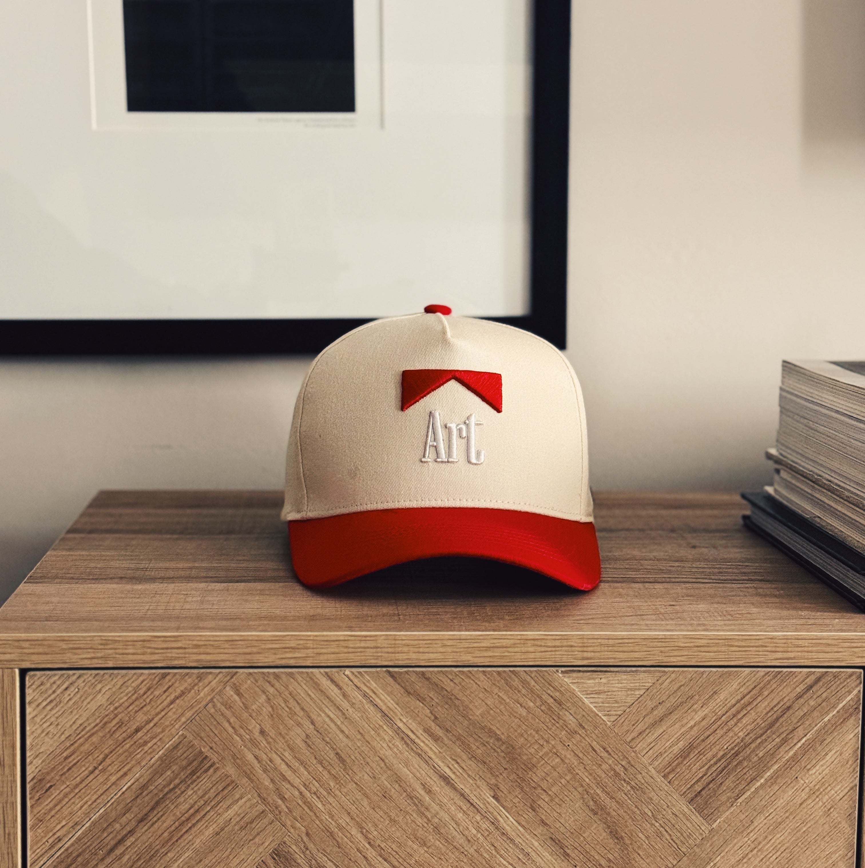 Art 5 Panel Cotton Structured Trucker Snap Back Hat (Creme/Red)