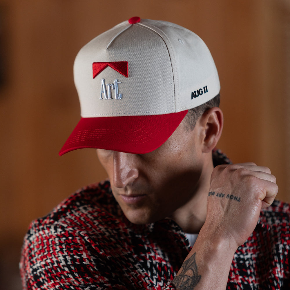 Art 5 Panel Cotton Structured Trucker Snap Back Hat (Creme/Red)