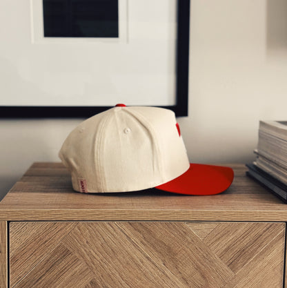 Art 5 Panel Cotton Structured Trucker Snap Back Hat (Creme/Red)