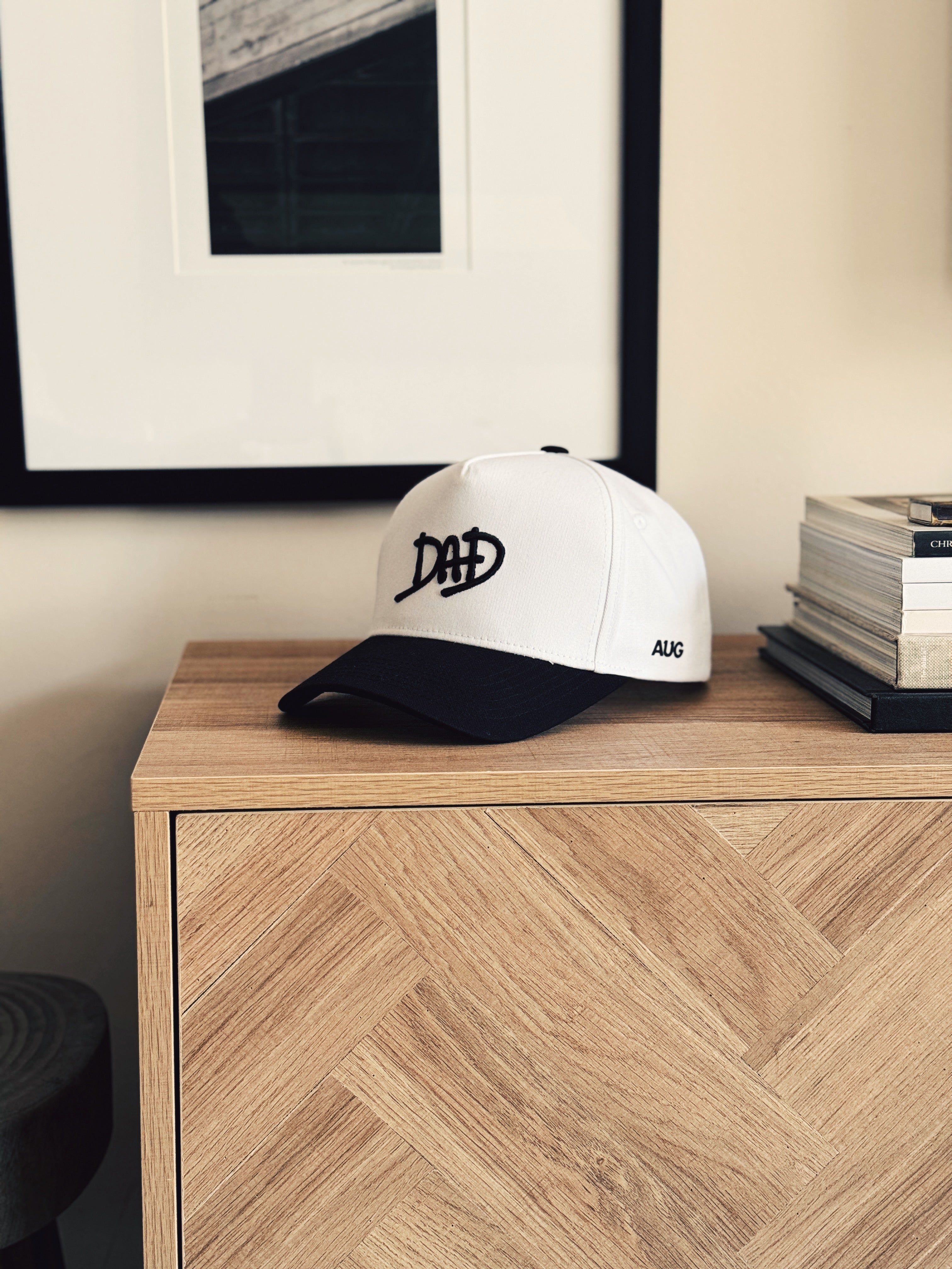 Dad 5 Panel Cotton Structured Snapback Hat (White/Black)