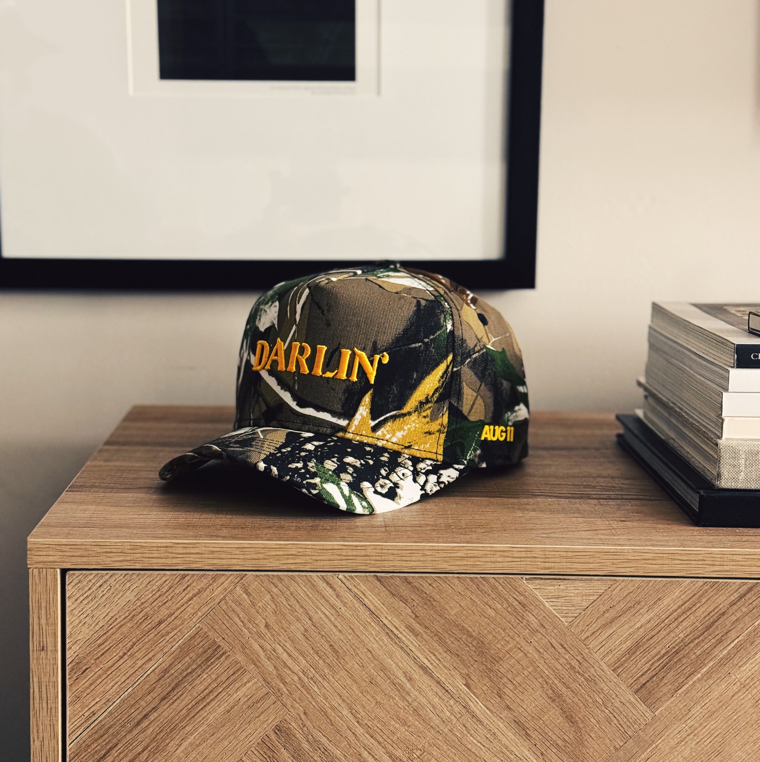 Darlin' Cotton Structured 5 Panel Snap Back Hat (Camo/Gold)