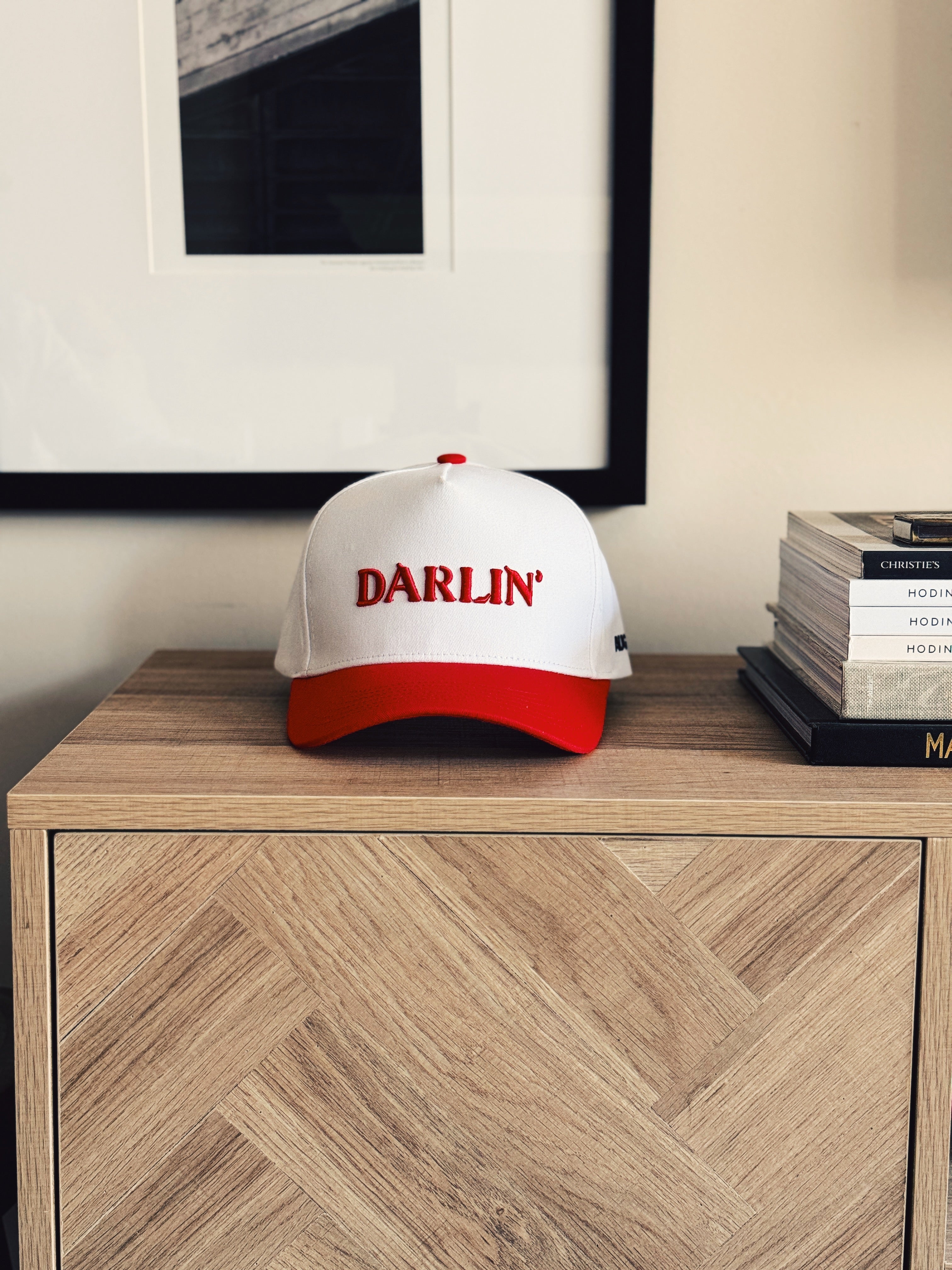 Darlin 5 Panel Cotton Structured Snapback Hat (Red/White)