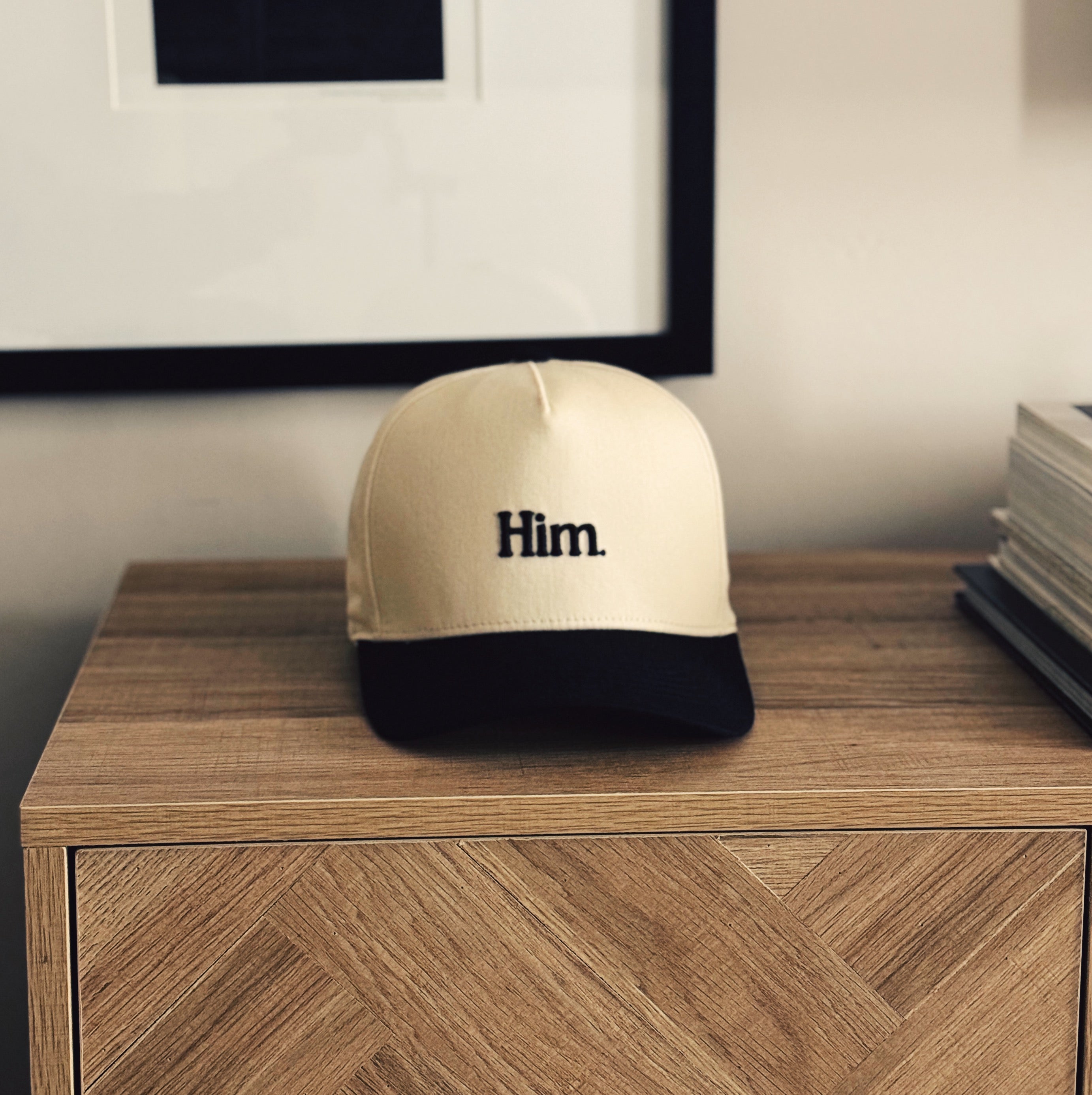 Him 5 Panel Cotton Snap Back Hat (Creme/Black)