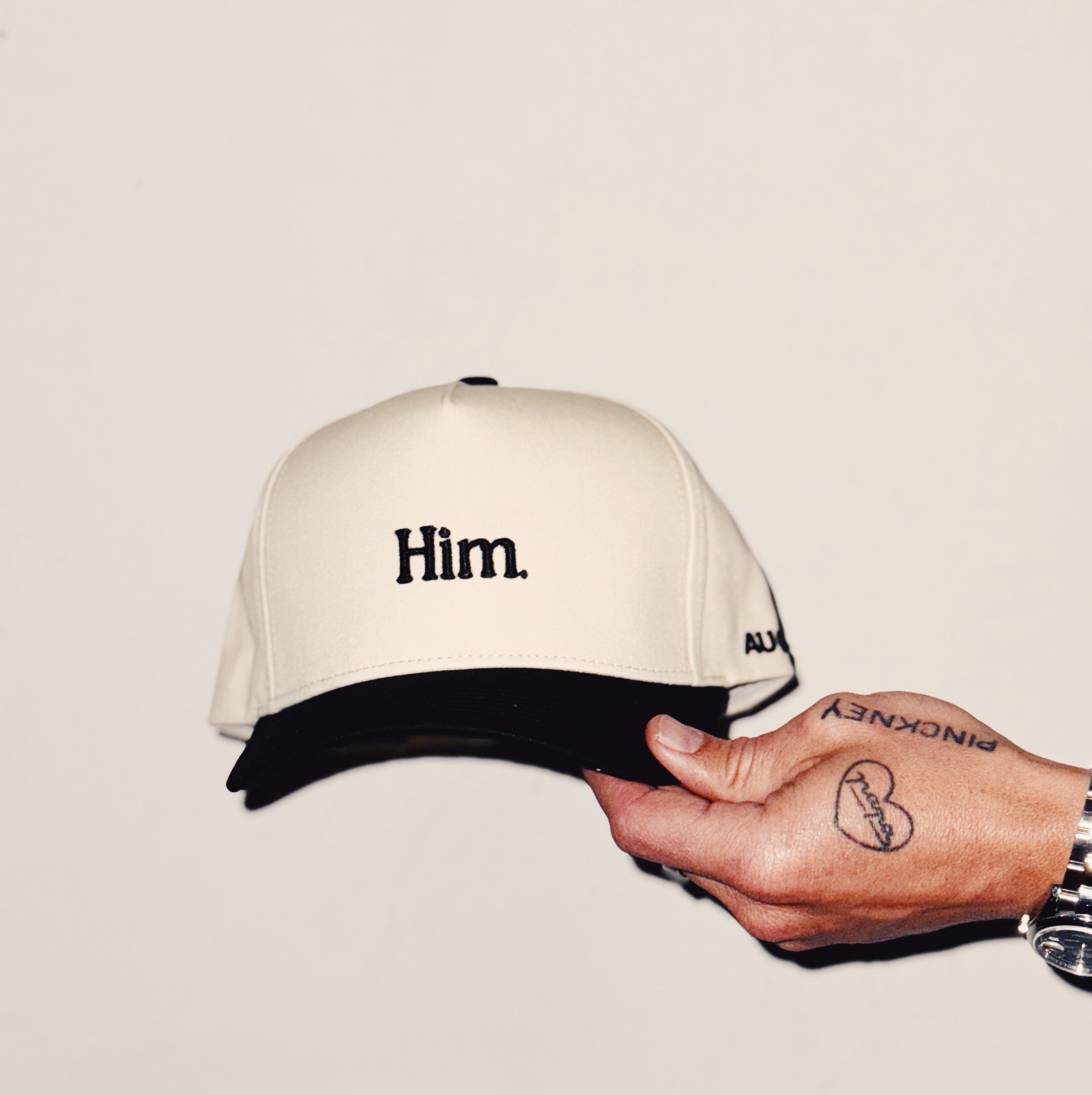 Him 5 Panel Cotton Snap Back Hat (Creme/Black)