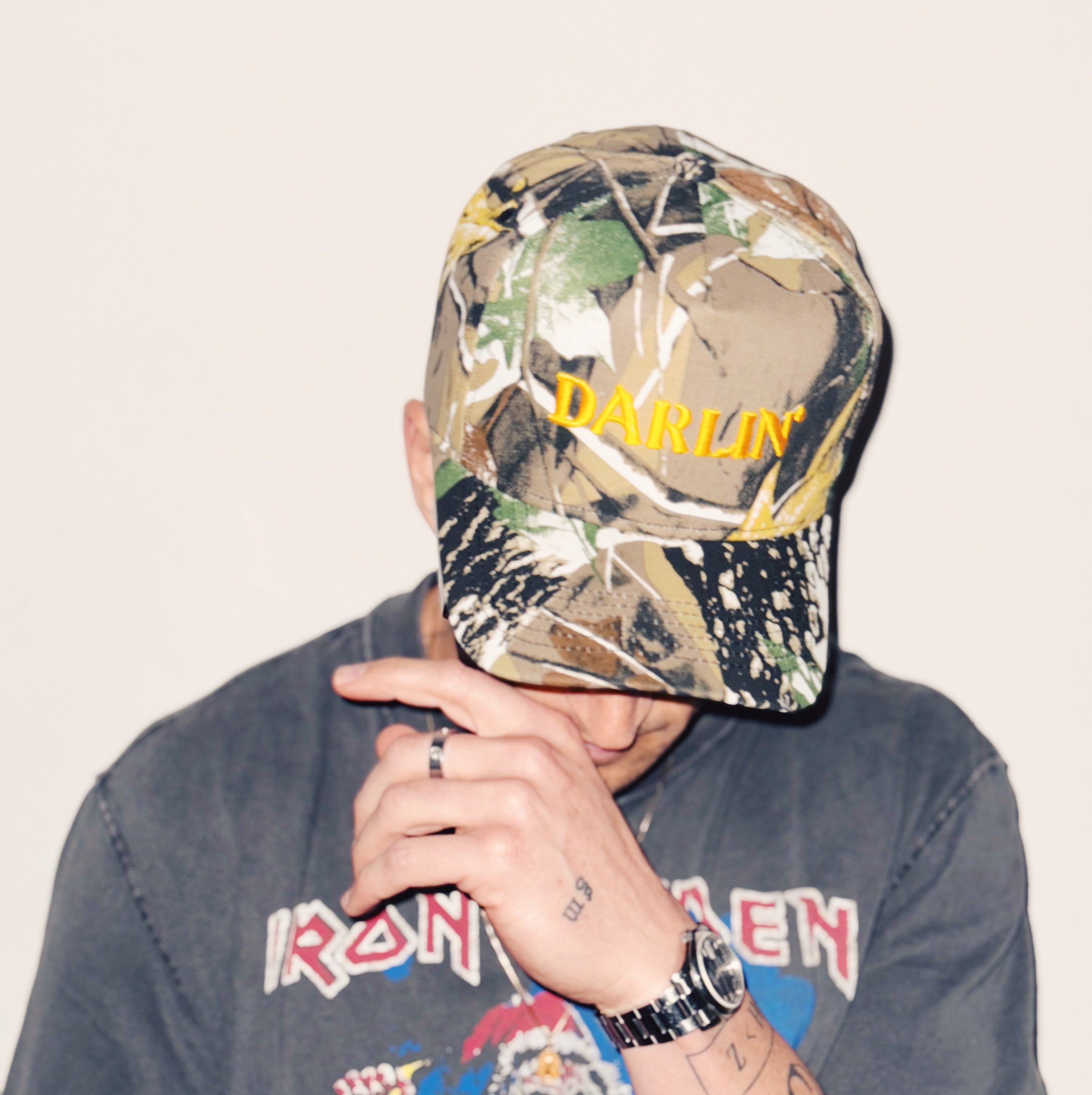 Darlin' Cotton Structured 5 Panel Snap Back Hat (Camo/Gold)