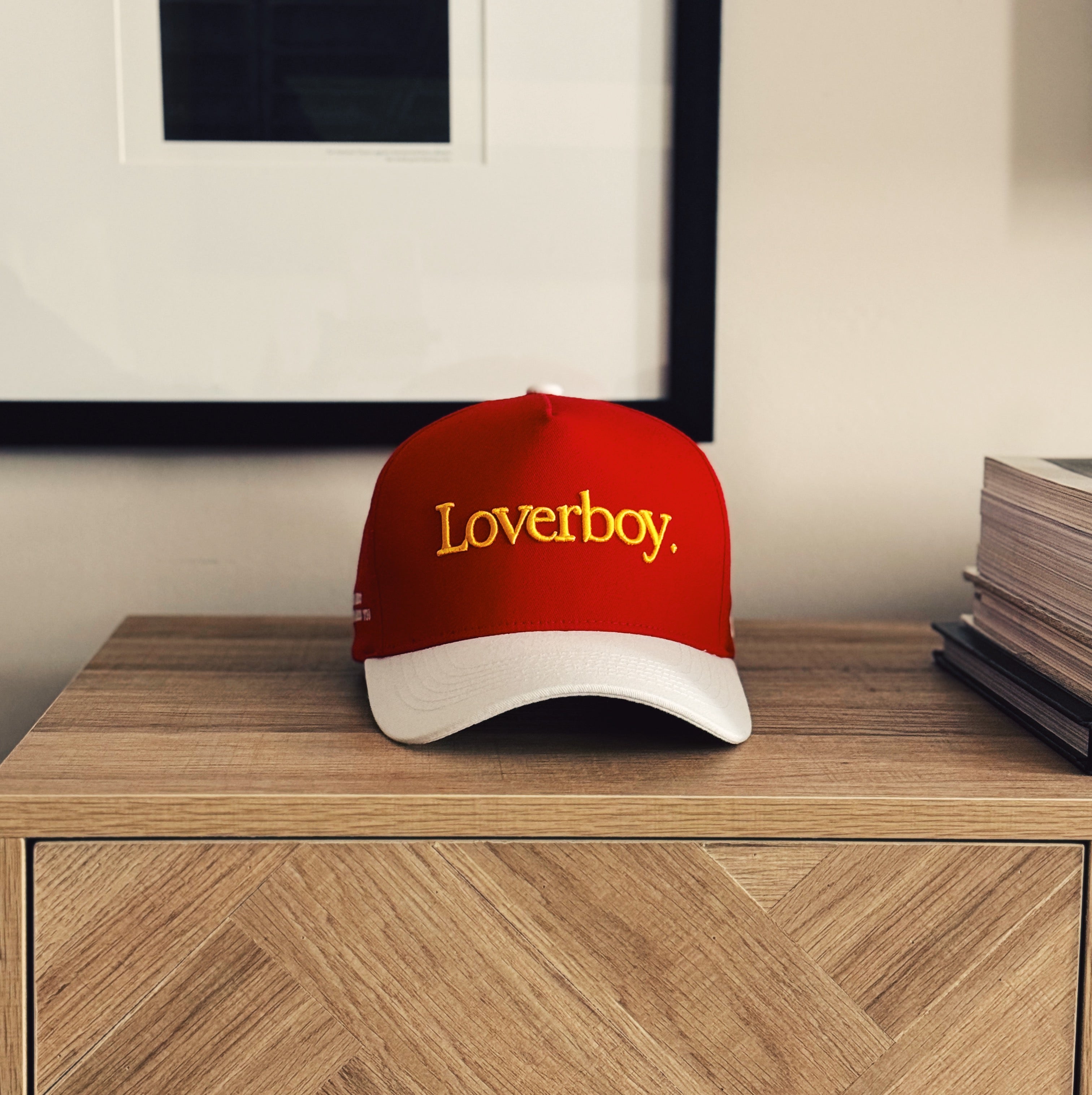 Loverboy 5 Panel Cotton Structured Snap Back Hat (Crimson/Stark White)