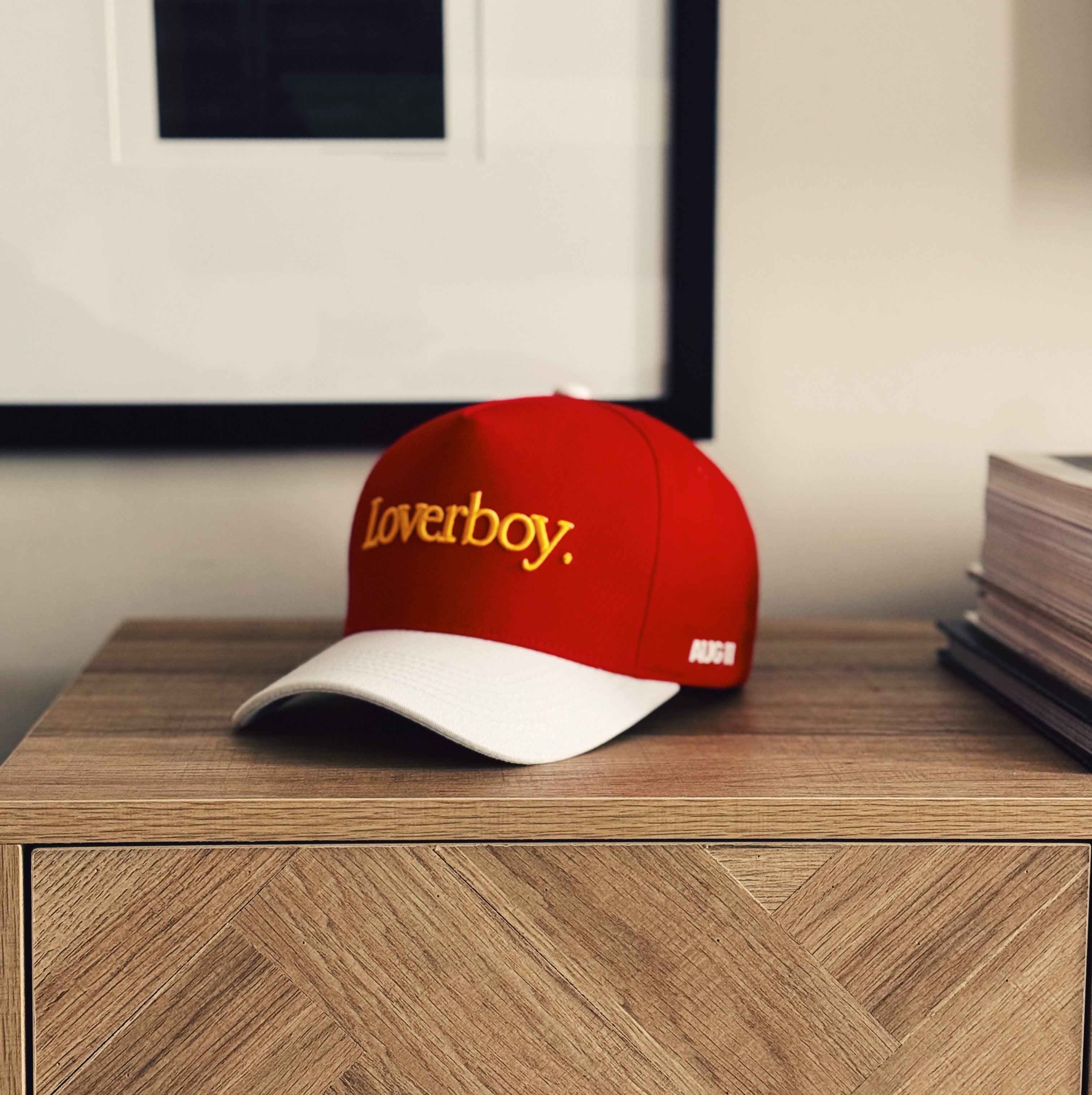 Loverboy 5 Panel Cotton Structured Snap Back Hat (Crimson/Stark White)