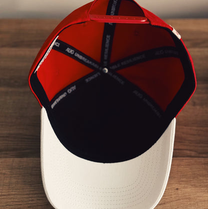 Loverboy 5 Panel Cotton Structured Snap Back Hat (Crimson/Stark White)