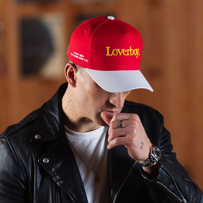 Loverboy 5 Panel Cotton Structured Snap Back Hat (Crimson/Stark White)