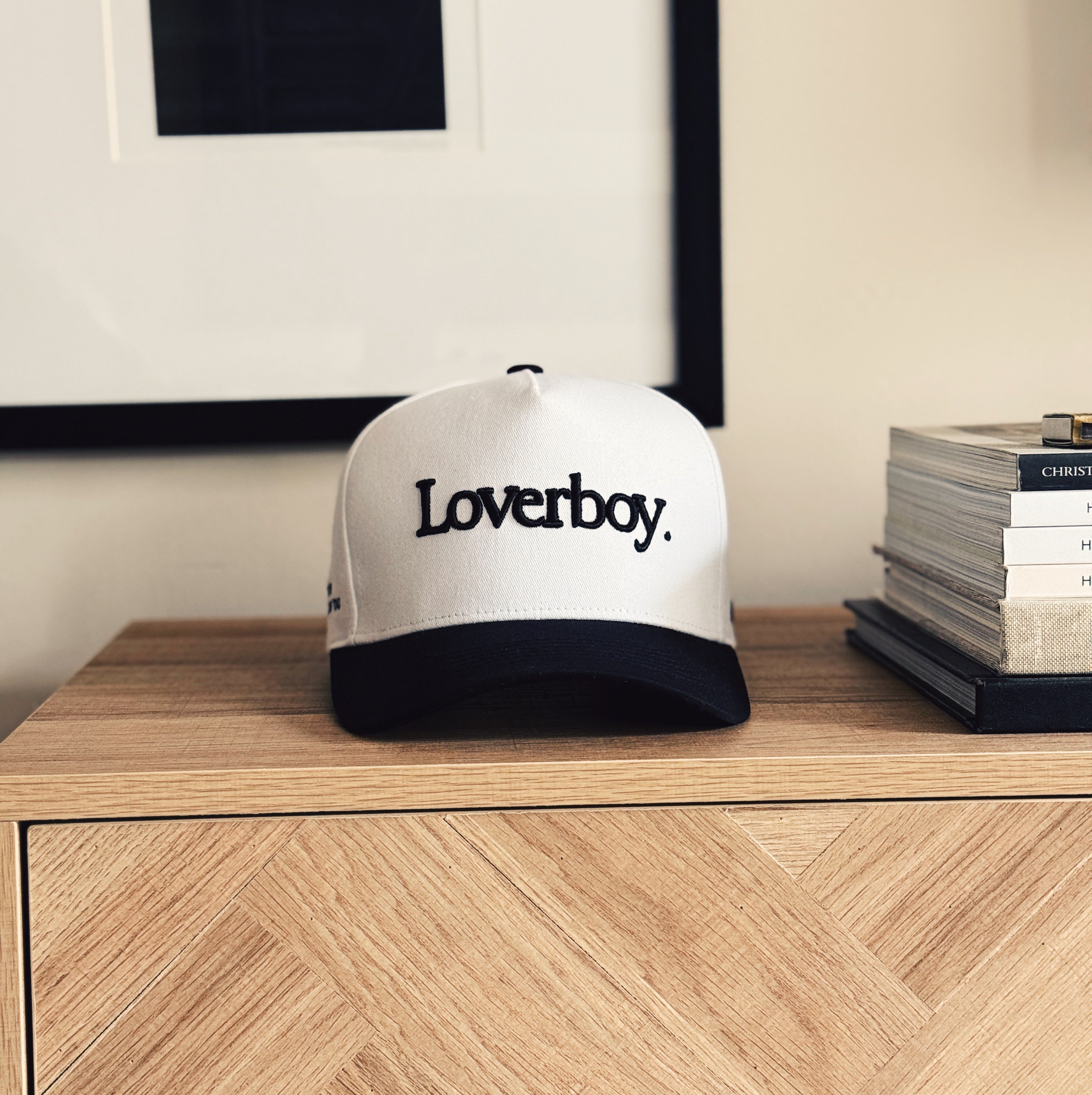 Loverboy 5 Panel Cotton Structured Snap Back Hat (White/Black)