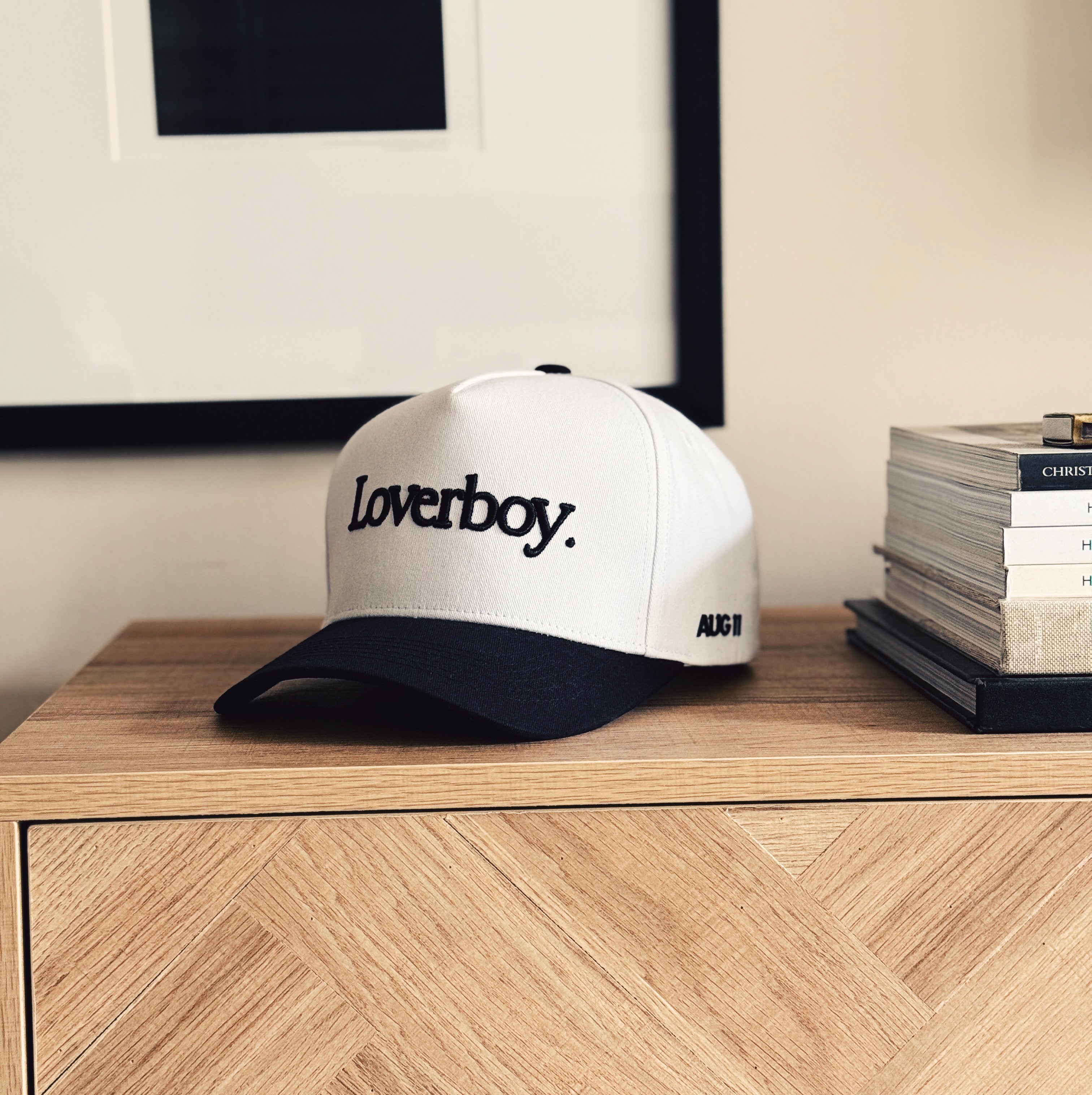 Loverboy 5 Panel Cotton Structured Snap Back Hat (White/Black)