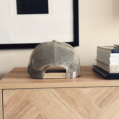 Essentials 5 Panel Mesh Trucker Snapback Hat (Taupe)