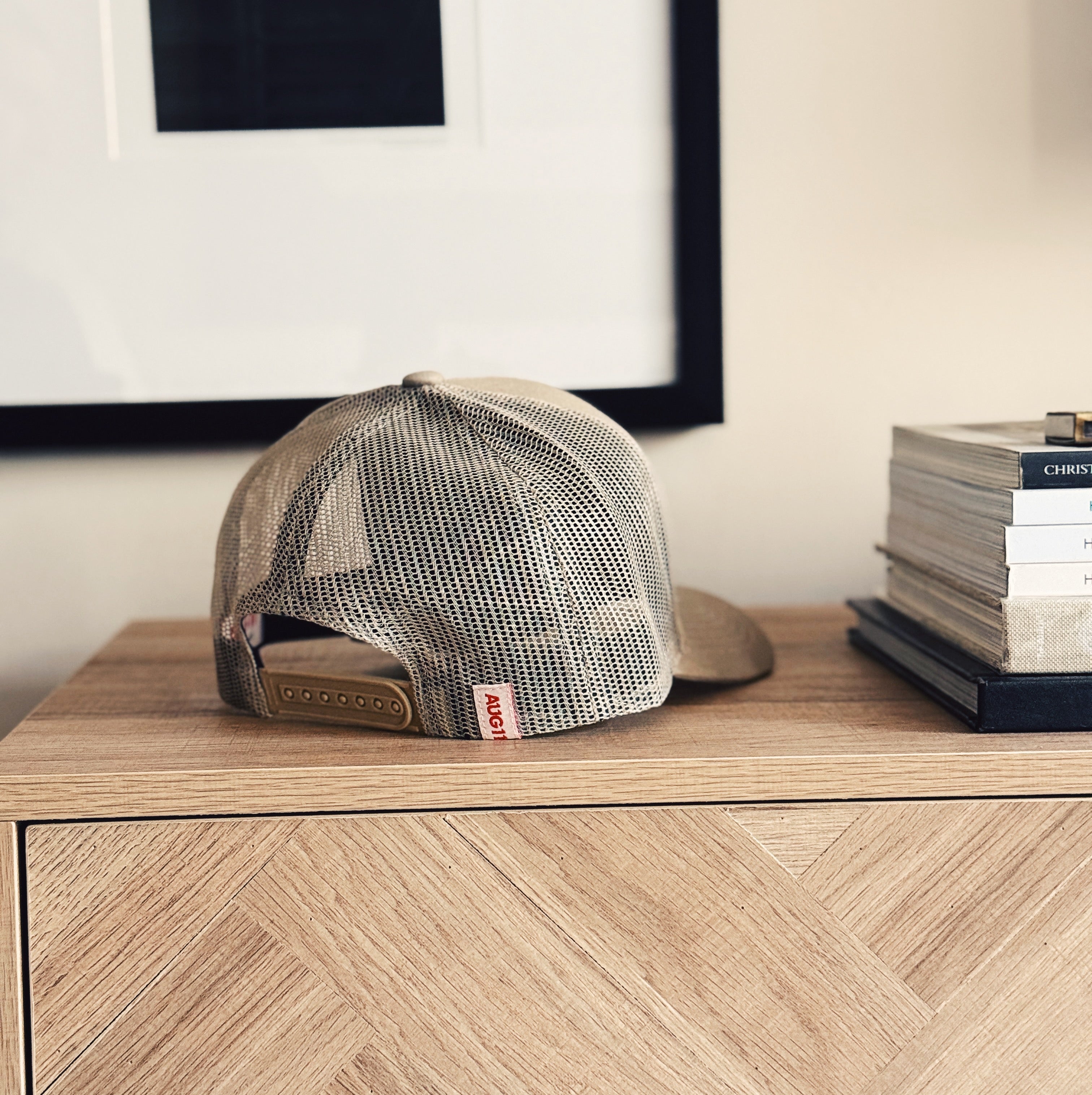 Essentials 5 Panel Mesh Trucker Snapback Hat (Taupe)