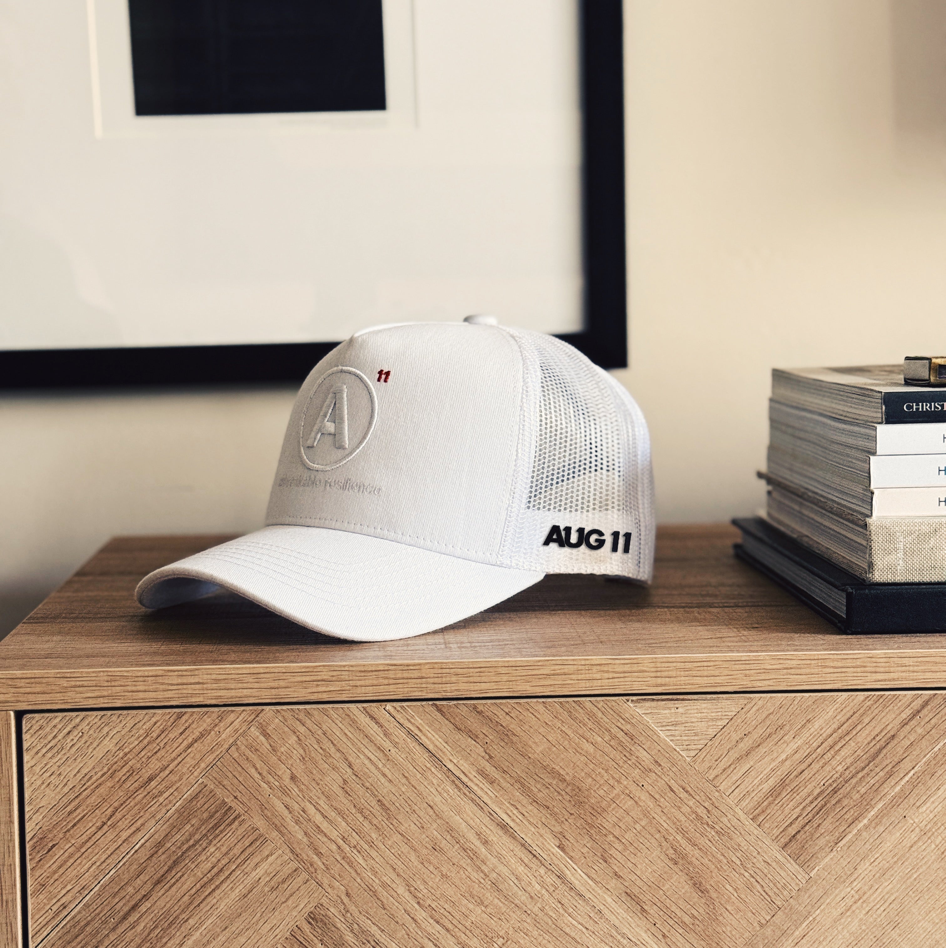 Essentials 5 Panel Mesh Trucker Snapback Hat (White)