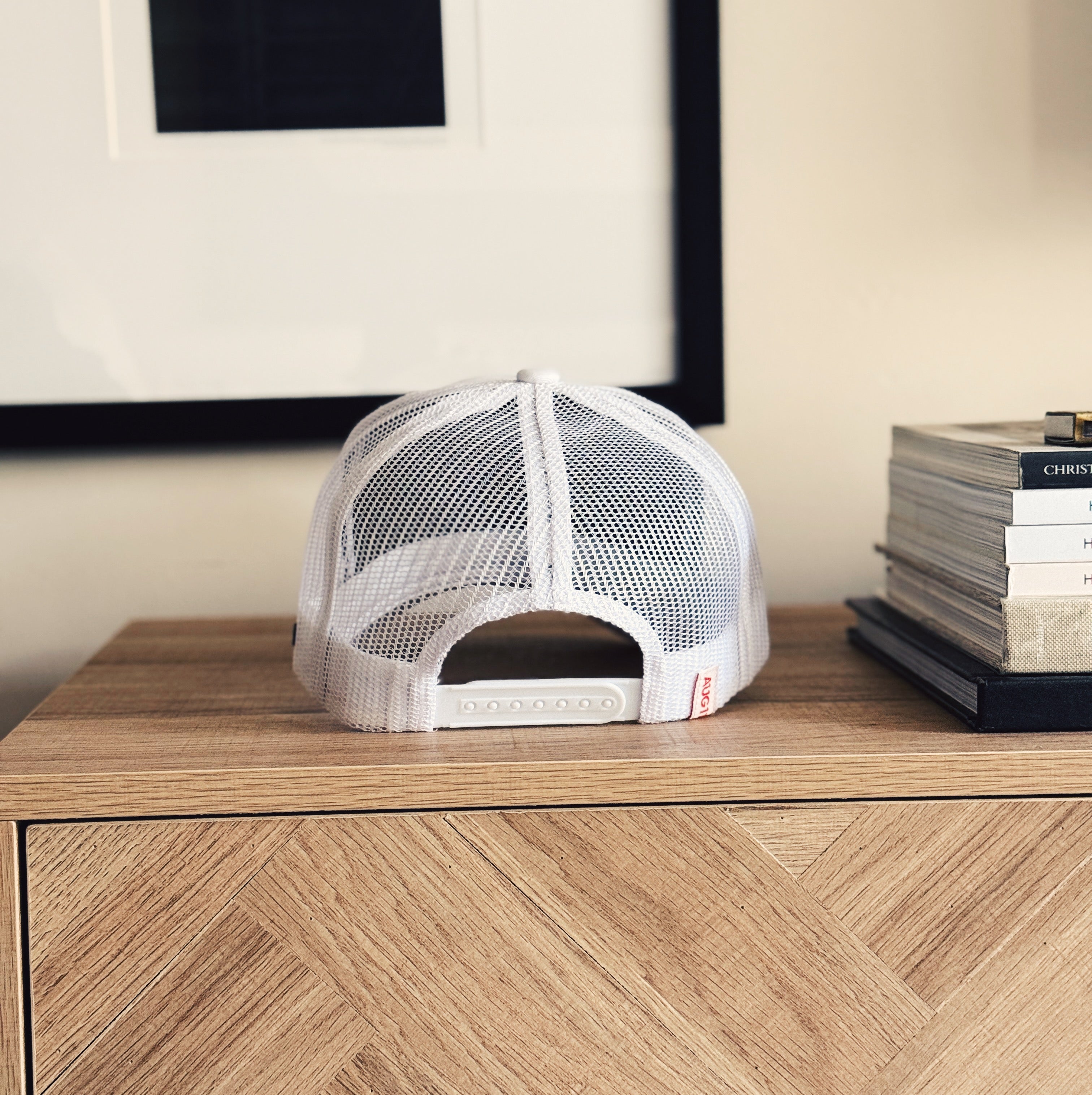 Essentials 5 Panel Mesh Trucker Snapback Hat (White)