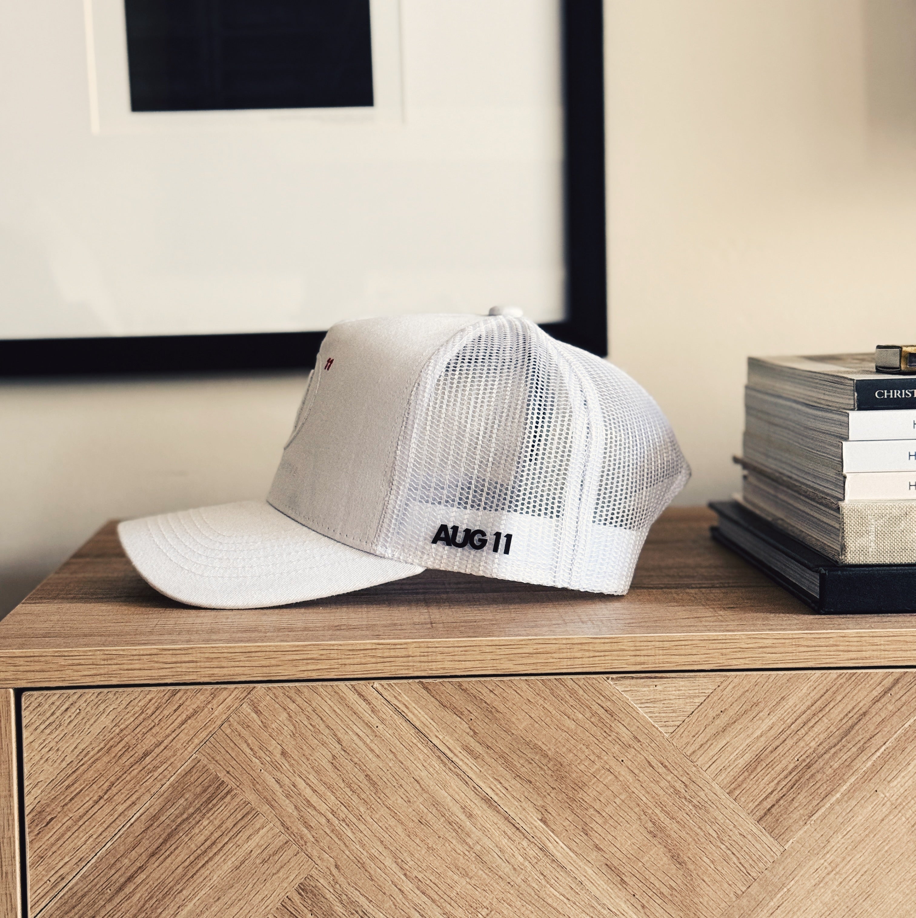 Essentials 5 Panel Mesh Trucker Snapback Hat (White)