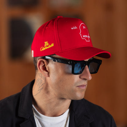 Wish You Were Here 5 Panel Cotton Structured Snap Back Hat (Crimson)