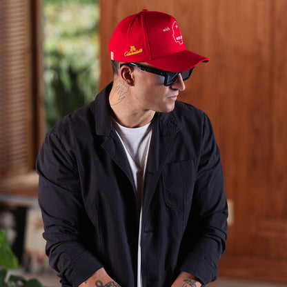 Wish You Were Here 5 Panel Cotton Structured Snap Back Hat (Crimson)