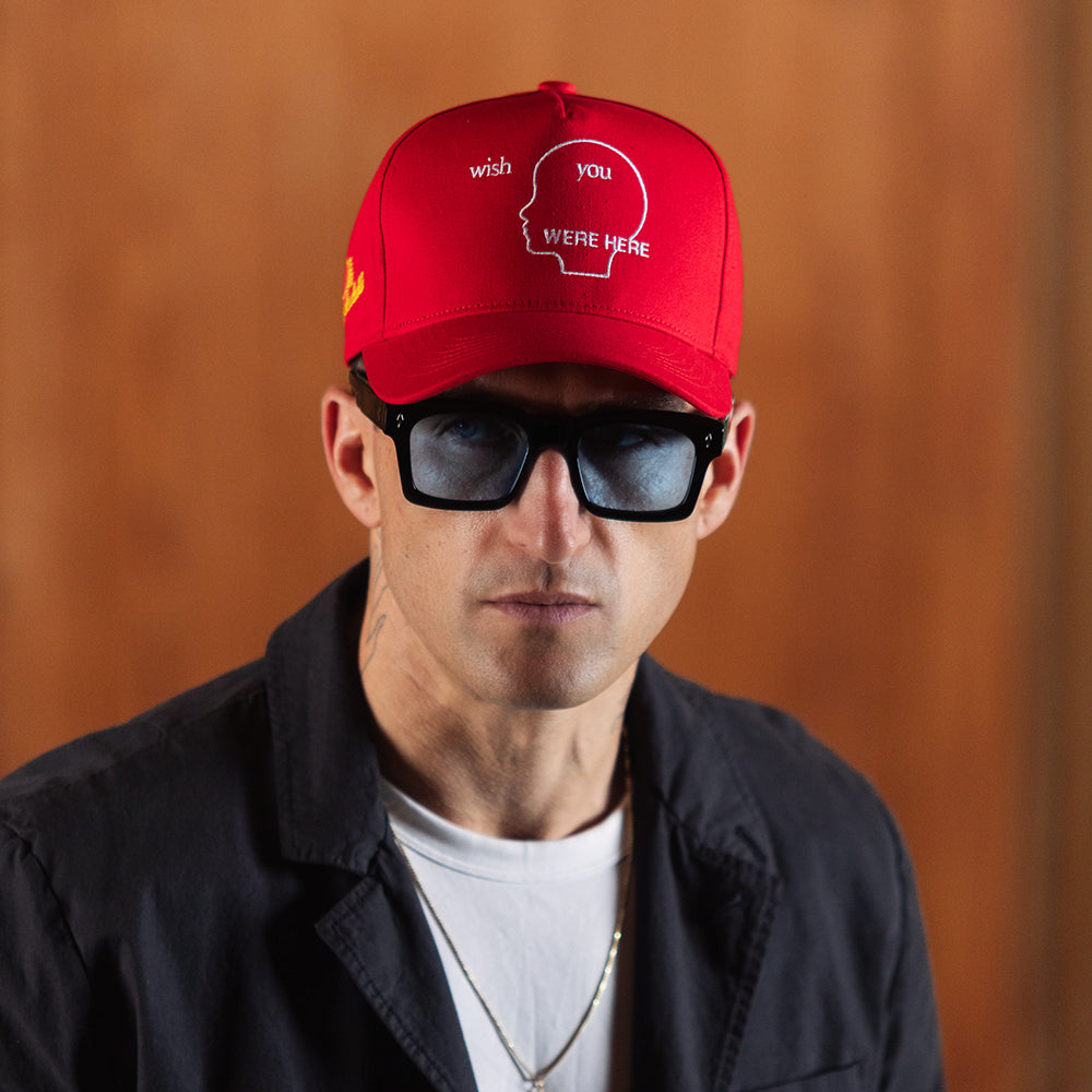 Wish You Were Here 5 Panel Cotton Structured Snap Back Hat (Crimson)