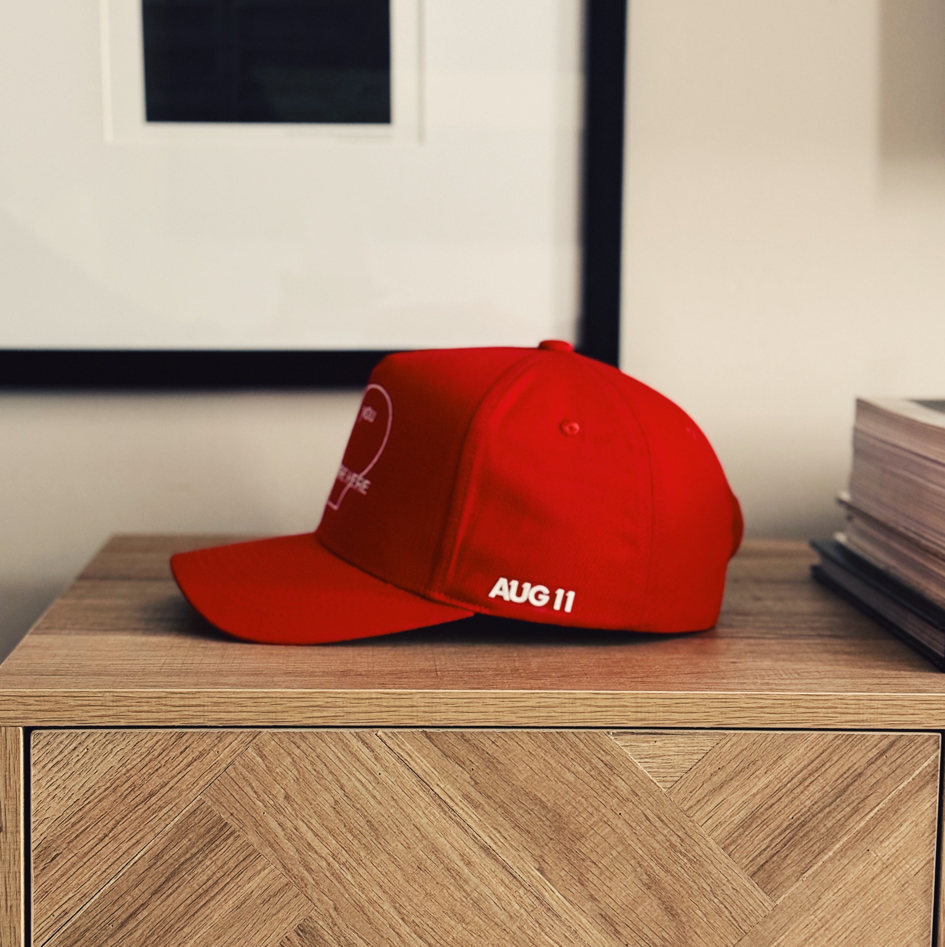 Wish You Were Here 5 Panel Cotton Structured Snap Back Hat (Crimson)