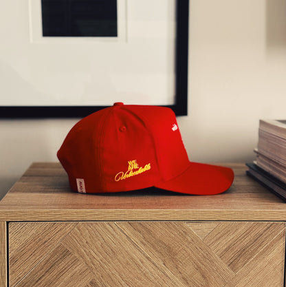 Wish You Were Here 5 Panel Cotton Structured Snap Back Hat (Crimson)